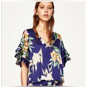 Zara Blue Tropical Floral Blouse